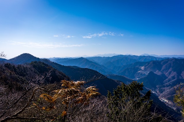 左隅に鶴脚山、尖がった山が臼杵山