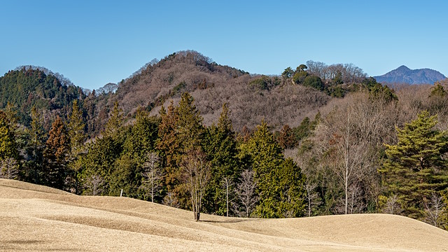 ゴルフコース越しに観る網代弁天山と網代城山