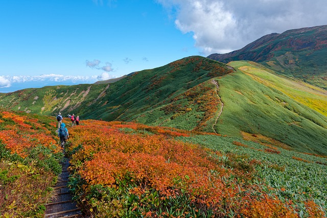 姥ヶ岳から月山へ連なる紅葉の稜線